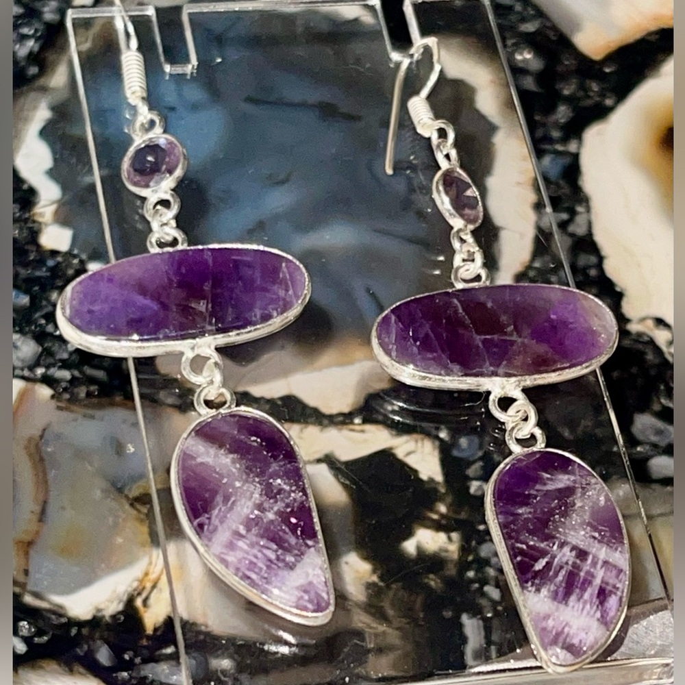 Chevron Purple Amethyst Crystal Earrings 2 7/8”